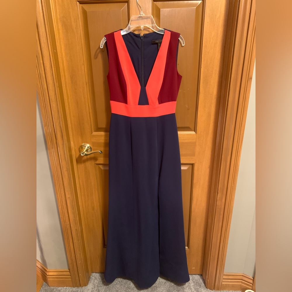 BCBGMaxAzria Navy, Burgundy and Orange Formal Floor-Length Dress